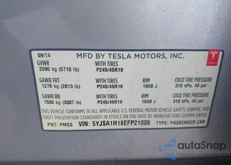 2014 Tesla Model S P85 from USA, damaged, VIN 5YJSA1H18EFP21006